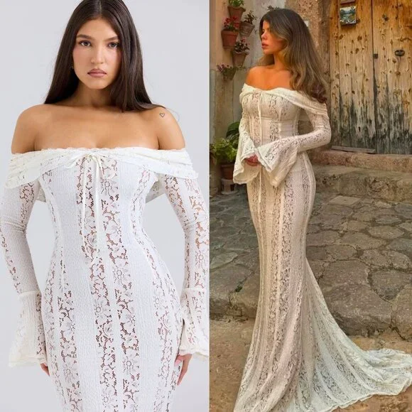 House of CB Belle Maxi Dress Vintage Cream Floral Lace Off Shoulder Size XS - threedaughtersproperties.com House of CB Belle Maxi Dress Vintage Cream Floral Lace Off Shoulder Size XS - threedaughtersproperties.com